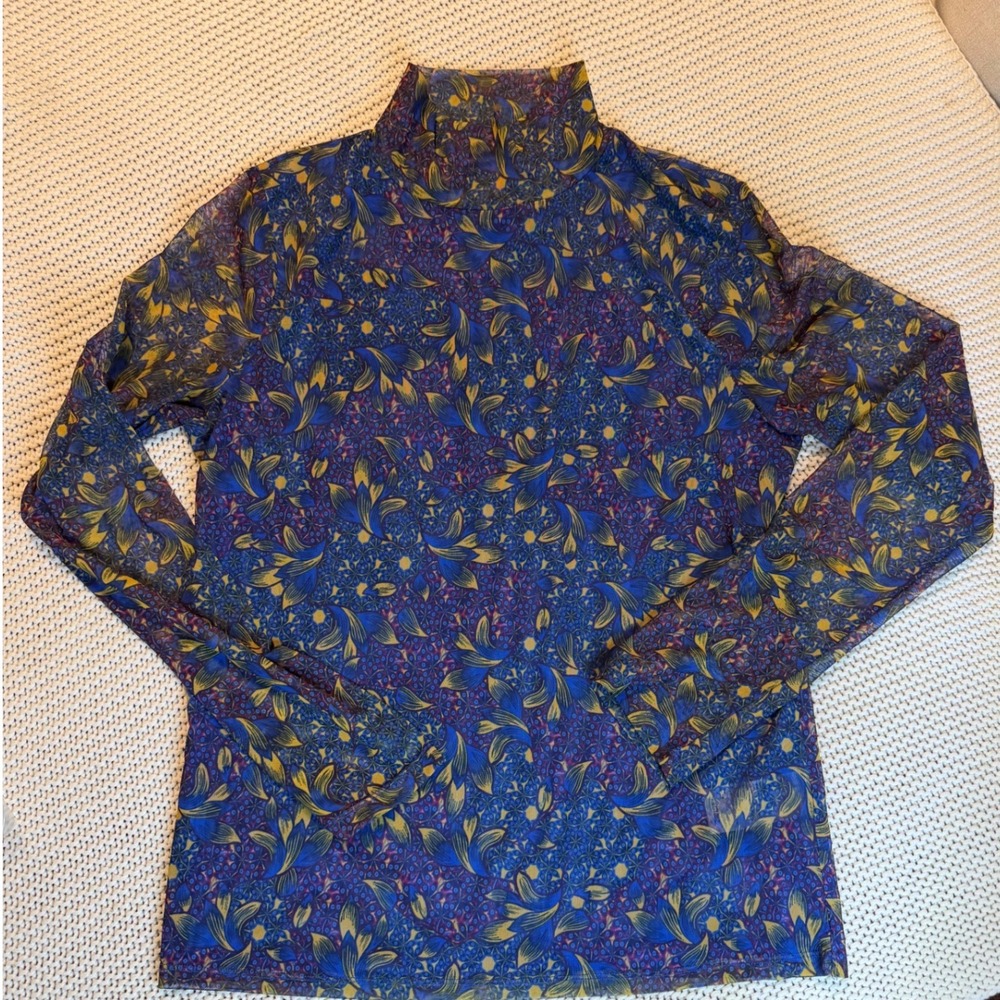 Anthropologie Sheer Mesh Mock Neck Top Blue Floral Print Long Sleeve Large